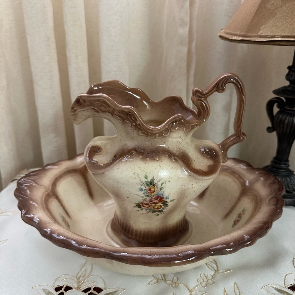 Vintage Victorian Style Floral Ceramic Pitcher and Basin Set